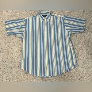 Ralph Lauren Shirt Mens XL Blue/Yellow Striped Woven Cotton Polo Horse Logo